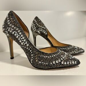 Gianni Bini Rhinestone Crystal Pointed Toe Heels Silver Black Size 7 4” Stiletto